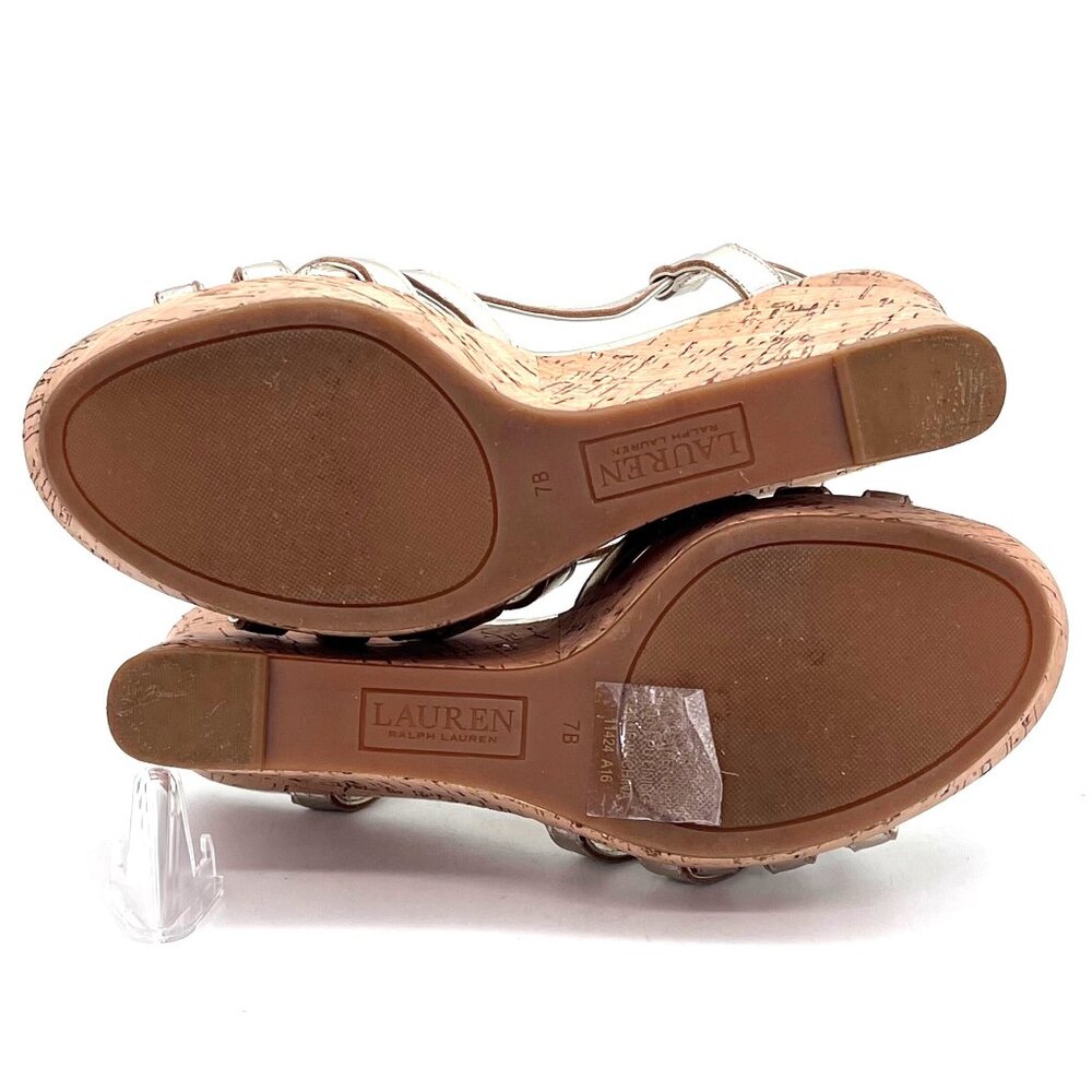 Lauren Ralph Lauren Gold Strappy Cork Wedge Sandals Womens 7.5 Adjustable Strap - Picture 5 of 14
